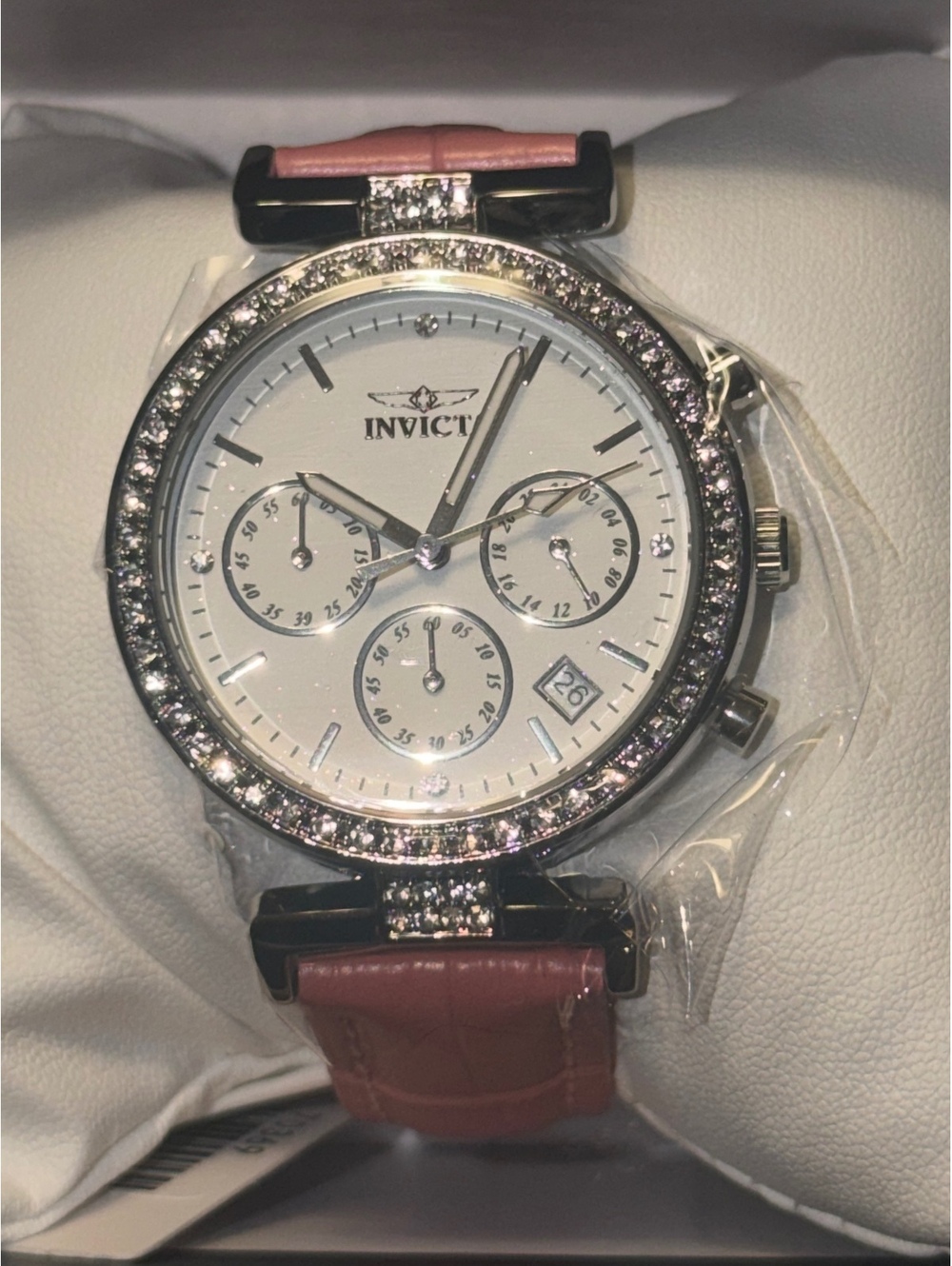 Invicta CELESTIAL LADY 31mm chronograph watch with crystal bezel and pink strap